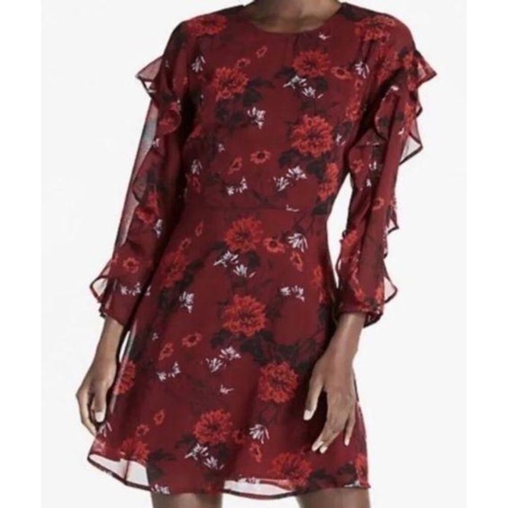 Lucky Brand Red Floral Ruffle Sleeve Dress
